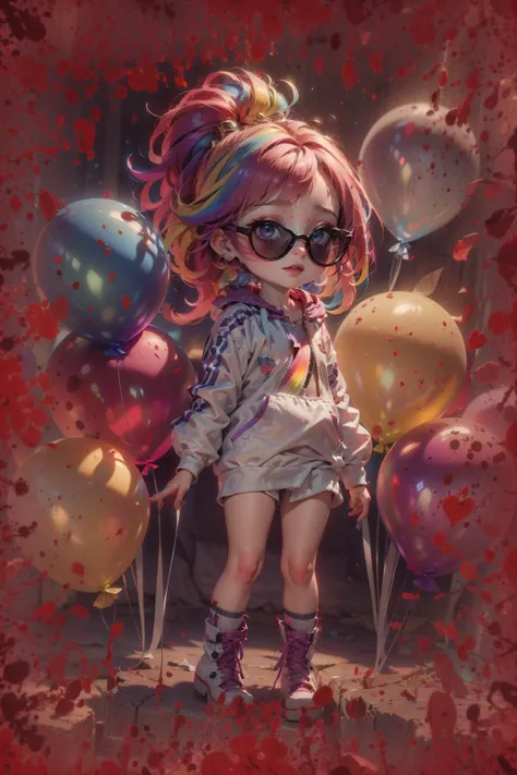 masterpiece, best quality, 1 girl, pretty and cute, (rainbow color Highlight Hair,colorful hair:1.4), wearing blue and purple sunglasses, yellow jacket with white pattern, white sweater, many colored balloons, doll face, ponytail braid, perfect detail eyes, delicate face, perfect cg, HD quality, colored balloons, sky ,black boots,
<lora:BloodOnScreenv10:0.9>, BloodOnScreen,