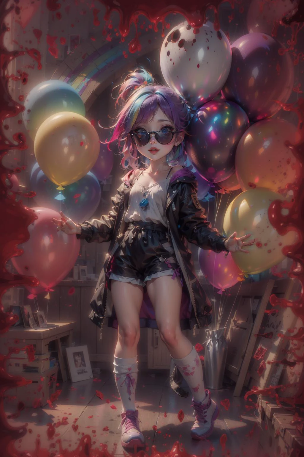 masterpiece, best quality, 1 girl, pretty and cute, (rainbow color Highlight Hair,colorful hair:1.4), wearing blue and purple sunglasses, yellow jacket with white pattern, white sweater, many colored balloons, doll face, ponytail braid, perfect detail eyes, delicate face, perfect cg, HD quality, colored balloons, sky ,black boots,
<lora:BloodOnScreenv10:0.9>, BloodOnScreen,