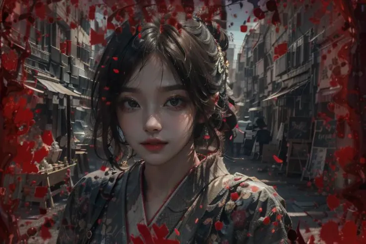 official art, unity 8k wallpaper, ultra detailed, aesthetic, masterpiece, best quality, photorealistic, dynamic lighting, global illumination, morning sunlight, landscape,
1girl, japanese clothes, <lora:BloodOnScreen01-000004:1>, BloodOnScreen,
detailed background, japanese structures,
