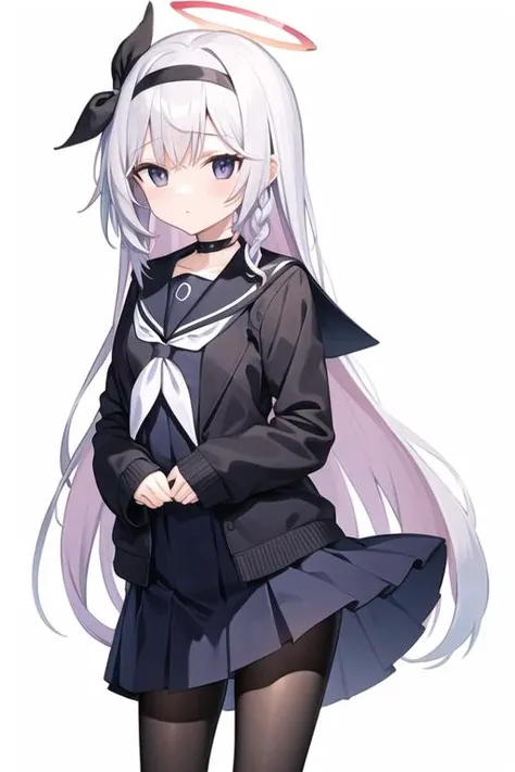 illustration, 1girl, black_serafuku, black_skirt, braid, hair_ribbon, hairband, jacket, long_hair, long_sleeves, pantyhose, pleated_skirt, sailor_collar, school_uniform, sleeves_past_wrists, solo, very_long_hair, halo, cowboy_shot, simple_background, white_background