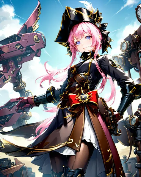 close up, anime character,   steampunk pilot attire, goggles on head,  pirate theme, pink hair, tricorne hat, mechanical arm, ornate coat, confident pose, star wing style,  <lora:XX:0.7>