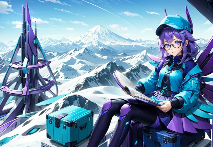 close up, anime character,  ong purple hair, blue-themed outfit, sitting on suitcases, holding a book, glasses, and a cap, with a tech-inspired design, with snowy mountain landscape and futuristic structures, star wing style,  <lora:XX:0.6>