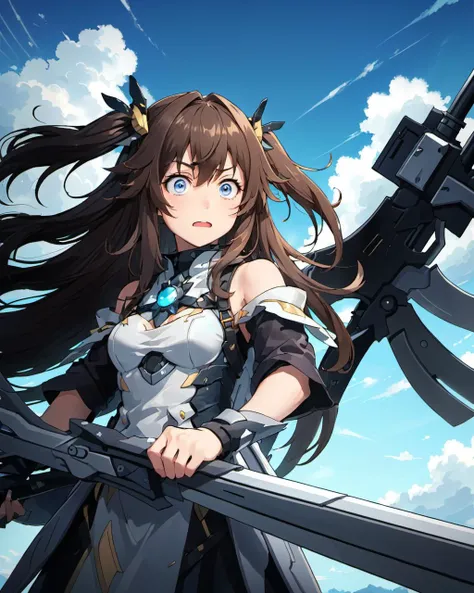 star wing style, close up, anime character, large weapon, expressive eyes, long hair, sky background,  <lora:XX:0.6>