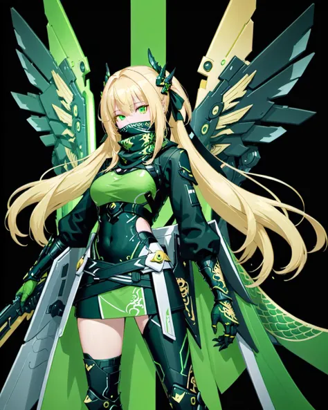 star wing style, 1girl, blonde hair, green and black combat attire, confident stance, detailed sleeve design, dragon motif, futuristic style, bandana covering lower face,  <lora:XX:0.6>