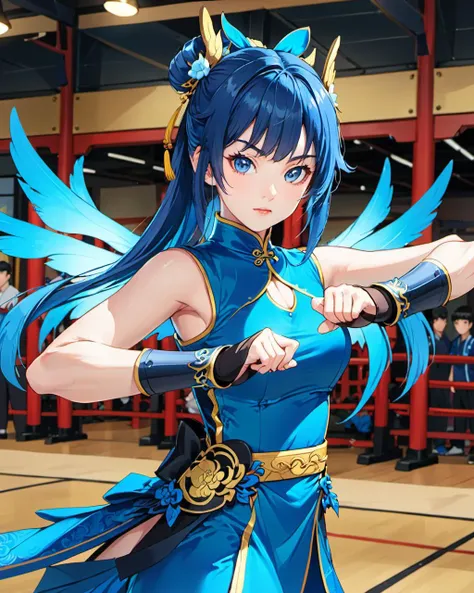 close up, anime character,  Kung fu, girl in blue cheongsam and armor, martial arts gym background, star wing style,  <lora:XX:0.6>