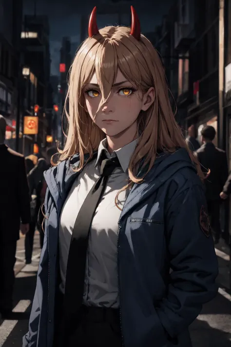 absurdres, [perfect shadows, masterpiece, attentive, high quality, detailed, extremely detailed, 4K, high definition, intricate, cinematic, 8k, ultra quality, 8K UHD,official art, illustration, 1girl, mature female, aged_up, solo, (upper-body:1.3), looks at the viewer,blue jacket outfit: B4S3Outfit, long hair, red horns, blonde hair, yellow eyes, black necktie, white shirt, blue jacket, cross-shaped pupils, collared shirt, hair between eyes, <lora:[P]-Power:0.8>, power,  closed mouth, emotionless, <lora:midjourney_20230624181825:0.3>, midjourney, city, street, <lora:LowRA:0.5>, night, dark, shadow on face, cinematic scene, arms behind back
