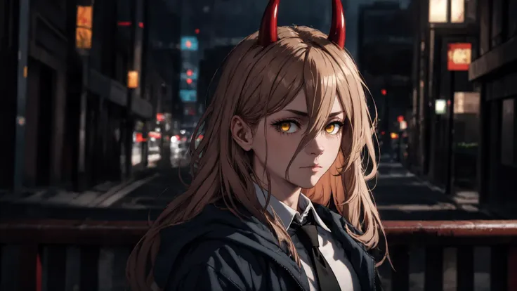 absurdres, [perfect shadows, masterpiece, attentive, high quality, detailed, extremely detailed, 4K, high definition, intricate, cinematic, 8k, ultra quality, 8K UHD,official art, illustration, 1girl, mature female, aged_up, solo, (upper-body:1.3), looks at the viewer,blue jacket outfit: B4S3Outfit, long hair, red horns, blonde hair, yellow eyes, black necktie, white shirt, blue jacket, cross-shaped pupils, collared shirt, hair between eyes, <lora:[P]-Power:0.8>, power,  closed mouth, emotionless, <lora:midjourney_20230624181825:0.3>, midjourney, city, street, <lora:LowRA:0.5>, night, dark, shadow on face, cinematic scene, arms behind back