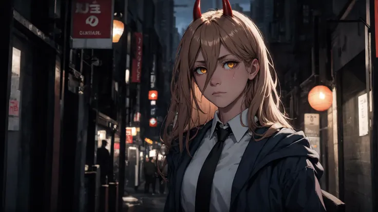 absurdres, [perfect shadows, masterpiece, attentive, high quality, detailed, extremely detailed, 4K, high definition, intricate, cinematic, 8k, ultra quality, 8K UHD,official art, illustration, 1girl, mature female, aged_up, solo, (upper-body:1.3), looks at the viewer,blue jacket outfit: B4S3Outfit, long hair, red horns, blonde hair, yellow eyes, black necktie, white shirt, blue jacket, cross-shaped pupils, collared shirt, hair between eyes, <lora:[P]-Power:0.8>, power,  closed mouth, emotionless, <lora:midjourney_20230624181825:0.3>, midjourney, city, street, <lora:LowRA:0.5>, night, dark, shadow on face, cinematic scene, arms behind back