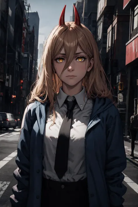 power from chainsawman, yellow vivid demon eyes, with her iconic two red horns on top her head, fangs, sharp teeth, wearing loose white long sleeve, black tie, black dark business pants, outdoor, busy day, tokyo, street, busy day, sunny, light rays, walking, cute, smiling