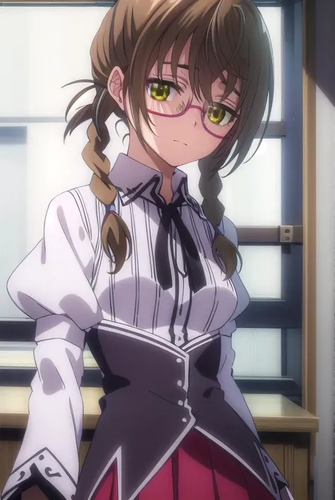 aikakiryuu, <lora:aika kiryuu anime s2-lora-nochekaiser:1>,
aika kiryuu, long hair, brown hair, (green eyes:1.5), braid, glasses, twin braids, smile,
BREAK shirt, ribbon, school uniform, white shirt, black ribbon, neck ribbon, capelet, black capelet, long sleeves, skirt, red skirt,
BREAK indoors, classroom,
BREAK looking at viewer, (cowboy shot:1.5),
BREAK <lyco:GoodHands-beta2:1>, (masterpiece:1.2), best quality, high resolution, unity 8k wallpaper, (illustration:0.8), (beautiful detailed eyes:1.6), extremely detailed face, perfect lighting, extremely detailed CG, (perfect hands, perfect anatomy),