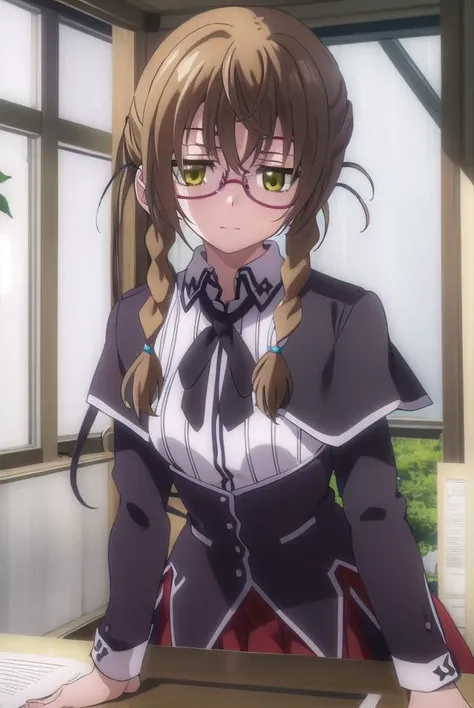 aikakiryuu, <lora:aika kiryuu anime s2-lora-nochekaiser:1>,
aika kiryuu, long hair, brown hair, (green eyes:1.5), braid, glasses, twin braids, smile,
BREAK shirt, ribbon, school uniform, white shirt, black ribbon, neck ribbon, capelet, black capelet, long sleeves, skirt, red skirt,
BREAK indoors, classroom,
BREAK looking at viewer, (cowboy shot:1.5),
BREAK <lyco:GoodHands-beta2:1>, (masterpiece:1.2), best quality, high resolution, unity 8k wallpaper, (illustration:0.8), (beautiful detailed eyes:1.6), extremely detailed face, perfect lighting, extremely detailed CG, (perfect hands, perfect anatomy),