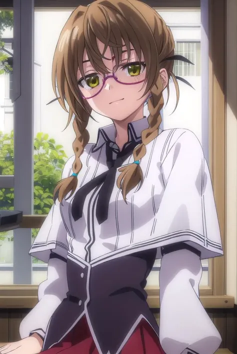 aikakiryuu, <lora:aika kiryuu anime s2-lora-nochekaiser:1>,
aika kiryuu, long hair, brown hair, (green eyes:1.5), braid, glasses, twin braids, smile,
BREAK shirt, ribbon, school uniform, white shirt, black ribbon, neck ribbon, capelet, black capelet, long sleeves, skirt, red skirt,
BREAK indoors, classroom,
BREAK looking at viewer, (cowboy shot:1.5),
BREAK <lyco:GoodHands-beta2:1>, (masterpiece:1.2), best quality, high resolution, unity 8k wallpaper, (illustration:0.8), (beautiful detailed eyes:1.6), extremely detailed face, perfect lighting, extremely detailed CG, (perfect hands, perfect anatomy),