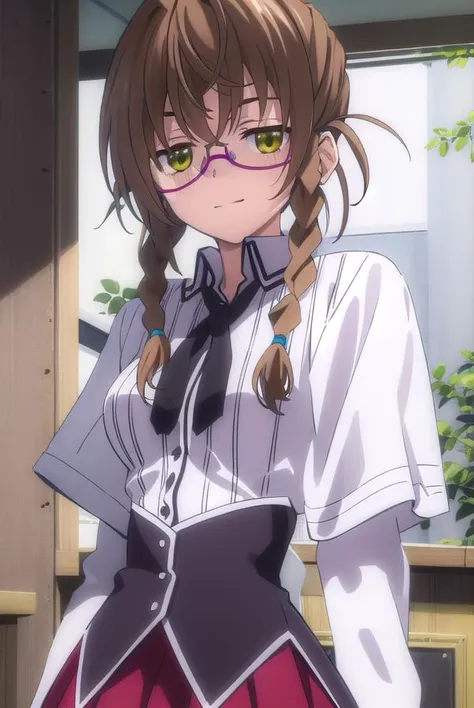 aikakiryuu, <lora:aika kiryuu anime s2-lora-nochekaiser:1>,
aika kiryuu, long hair, brown hair, (green eyes:1.5), braid, glasses, twin braids, smile,
BREAK shirt, ribbon, school uniform, white shirt, black ribbon, neck ribbon, capelet, black capelet, long sleeves, skirt, red skirt,
BREAK indoors, classroom,
BREAK looking at viewer, (cowboy shot:1.5),
BREAK <lyco:GoodHands-beta2:1>, (masterpiece:1.2), best quality, high resolution, unity 8k wallpaper, (illustration:0.8), (beautiful detailed eyes:1.6), extremely detailed face, perfect lighting, extremely detailed CG, (perfect hands, perfect anatomy),