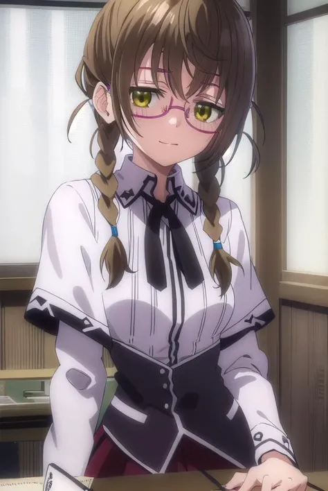 aikakiryuu, <lora:aika kiryuu anime s2-lora-nochekaiser:1>,
aika kiryuu, long hair, brown hair, (green eyes:1.5), braid, glasses, twin braids, smile,
BREAK shirt, ribbon, school uniform, white shirt, black ribbon, neck ribbon, capelet, black capelet, long sleeves, skirt, red skirt,
BREAK indoors, classroom,
BREAK looking at viewer, (cowboy shot:1.5),
BREAK <lyco:GoodHands-beta2:1>, (masterpiece:1.2), best quality, high resolution, unity 8k wallpaper, (illustration:0.8), (beautiful detailed eyes:1.6), extremely detailed face, perfect lighting, extremely detailed CG, (perfect hands, perfect anatomy),