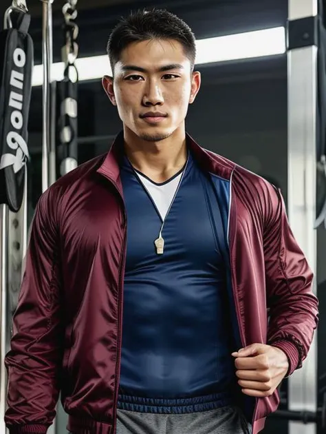 best quality, masterpiece, highres, detailed, perfect anatomy, <lora:Detail - more_details:0.2>, PETeacherCh, <lyco:PEteacher-10:1.0>, 1man, school, sports jacket, open jacket, white shirt, gym, whistle around neck,