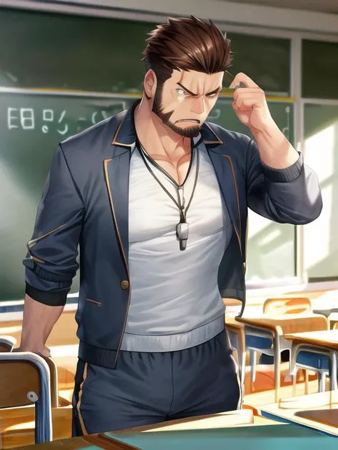 best quality, masterpiece, highres, detailed, perfect anatomy,  <lora:Detail - more_details:0.2>, PETeacherCh, <lyco:PEteacher-10:0.8>, 1man, school, sports jacket, open jacket, white shirt, whistle around neck, track pants, GideonJ, facial hair, brown hair, brown eyes, classroom, blackboard, teacher,  <lora:Character - GideonJ:0.7>, angry,