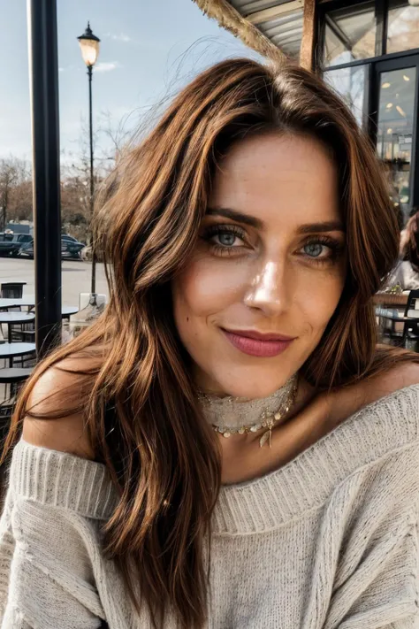 anj piercing eyes, looking straight, very happy,long hair, wearing an off-shoulder sweater, choker, closeup portrait, in a outdoor cafe in 2015, afternoon light <lyco:AntjeT-RealVision-V1.0:1.0>