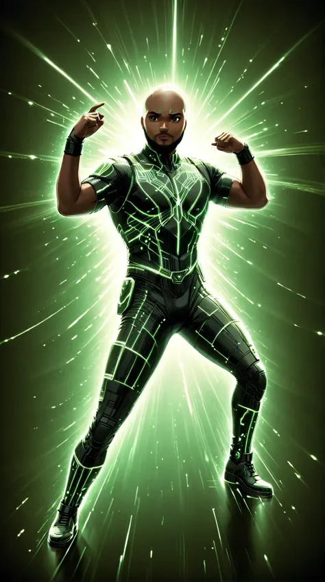 anime artwork cinematic film still 1man, chubby, confident black man in a fighting stance, raining matrix code, emerald glowing outlines, green coloring, dynamic pose, grid, motion blur, cyberpunk, 1980s, retro, scifi, ral-sprnva,city<lora:Neon_Cyberpunk_SDXL_-_Cyberspace:1>, dataviz style,(masterpiece:1.2), best quality, (hyperdetailed, highest detailed:1.2), high resolution textures <lora:dataviz_style_xl_v1:0.7> <lora:ral-sprnva:0.7> (dgslanda, a cute bald (black man:1.5) with a long beard, handsome, perfect face, strong jaw <lora:dgslanda:1.2> . shallow depth of field, vignette, highly detailed, high budget, bokeh, cinemascope, moody, epic, gorgeous, film grain, grainy . anime style, key visual, vibrant, studio anime, highly detailed