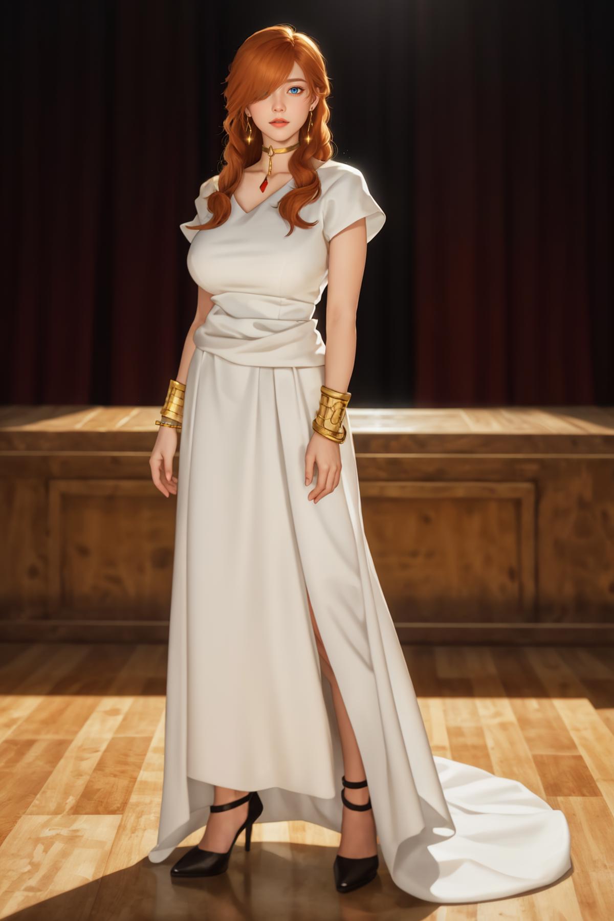 A woman in a white dress standing on a wooden floor - SeaArt AI