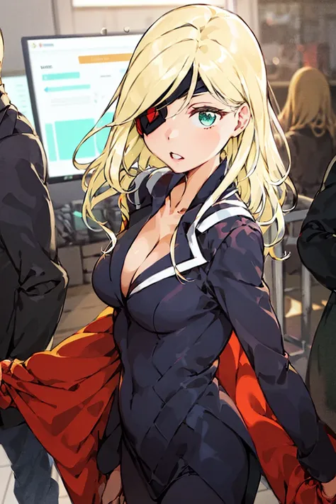 (best quality, high definition, masterpiece:1.2, illustration,), 1girl, upper body, standing, blonde hair, looking at viewer, eyepatch, (business suit, ), majesty, (ulzzang-6500-v1.1:0.8), <lora:Othinus:1>, 