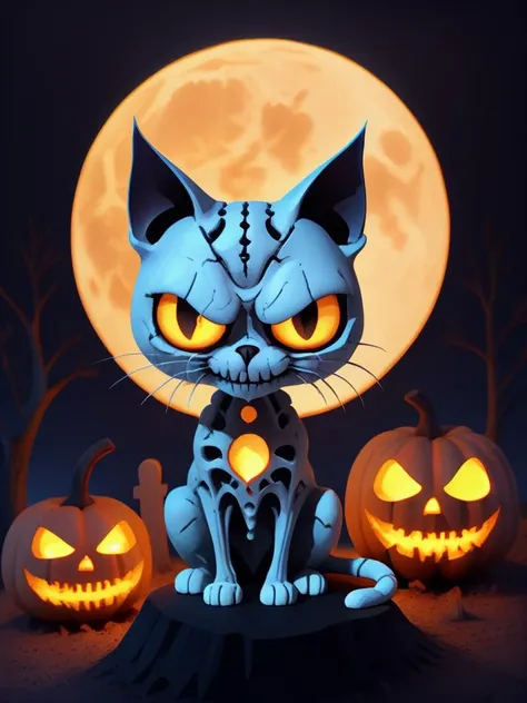 cartoon,3d, perfect cute evil smile horror cat, pumpkins, ghosts, skeleton, bones graves, cemetery, at night, moonshine, big moon, epoxy_skull, TSLoP  <lora:epoxy_skull-sdxl:1> <lora:TSLoP:0.6>