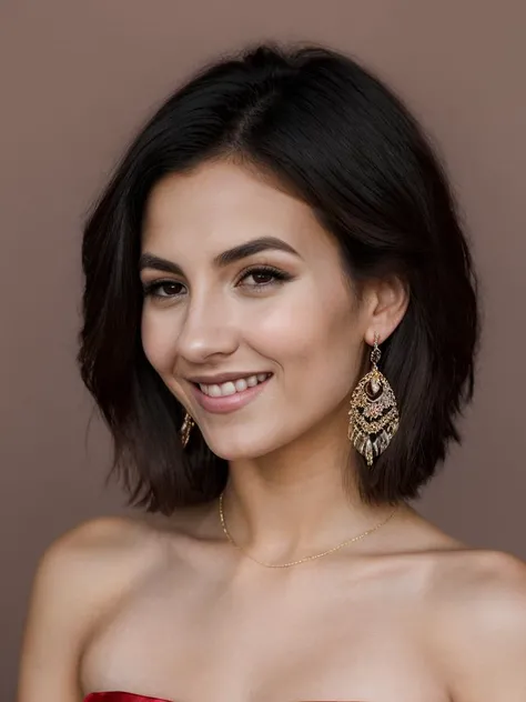 A beautiful v1ct0r14j woman,1girl,solo,long hair,looking at viewer,smile,black hair,dress,jewelry,sitting,earrings,grin,lips,red dress,realistic,soft lighting, professional Photography, Photorealistic, detailed, RAW, analog, sharp focus, 8k, HD, high quality, masterpiece<lora:v1ct0r14j:1.0>