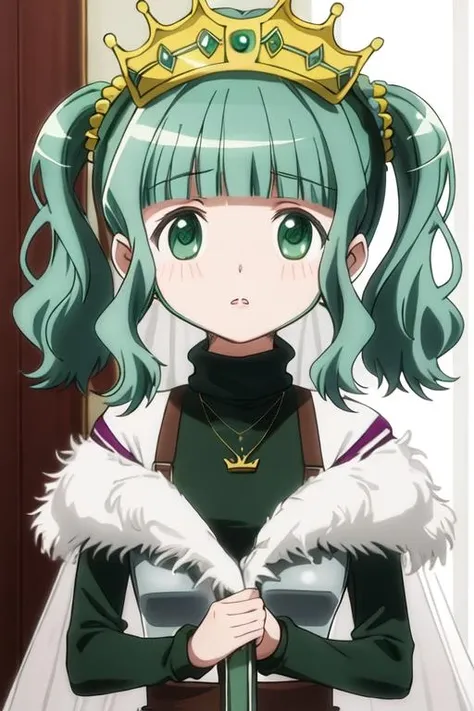 best quality, masterpiece, highres, solo, {futaba_sana_puellamagimadokamagicasidestorymagiarecord:1.15}, bangs, sidelocks, blunt_bangs, twintails, green_hair, wavy_hair, medium_hair, green_eyes, hair_ornament, blush, dot_nose, closed_mouth, aqua_hair, scrunchie, yellow_scrunchie, hair_scrunchie, 1girl, crown, jewelry, magical_girl, necklace, parted_lips, portrait, sweater, turtleneck, turtleneck_sweater, close-up, looking_at_viewer, tiara, indoors, veil, fur_trim, light_blush