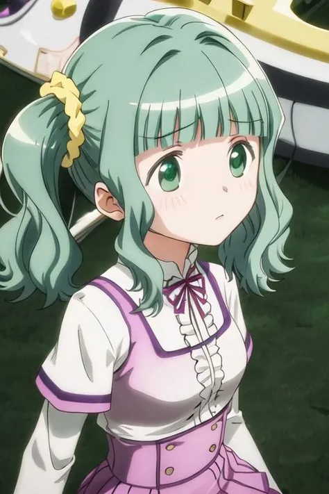 best quality, masterpiece, highres, solo, {futaba_sana_puellamagimadokamagicasidestorymagiarecord:1.15}, bangs, sidelocks, blunt_bangs, twintails, green_hair, wavy_hair, medium_hair, green_eyes, hair_ornament, blush, dot_nose, closed_mouth, aqua_hair, scrunchie, yellow_scrunchie, hair_scrunchie
