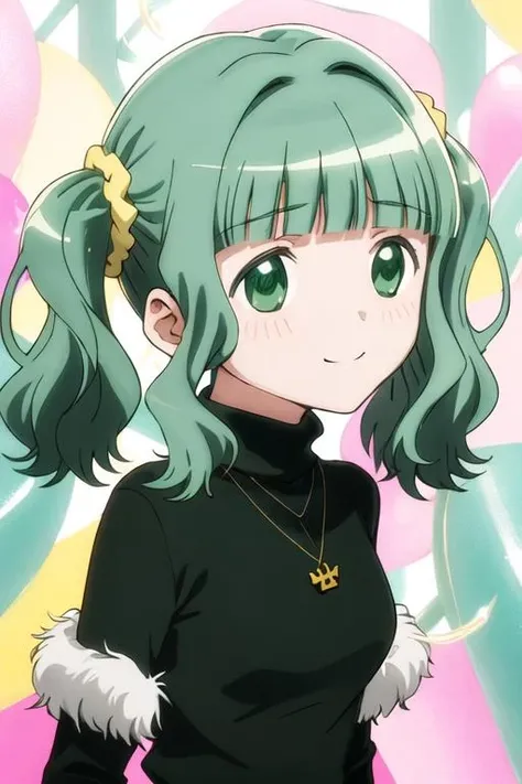 best quality, masterpiece, highres, solo, {futaba_sana_puellamagimadokamagicasidestorymagiarecord:1.15}, bangs, sidelocks, blunt_bangs, twintails, green_hair, wavy_hair, medium_hair, green_eyes, hair_ornament, blush, dot_nose, closed_mouth, aqua_hair, scrunchie, yellow_scrunchie, hair_scrunchie, 1girl, close-up, green_sweater, jewelry, looking_at_viewer, necklace, portrait, smile, split_mouth, sweater, turtleneck, turtleneck_sweater, shirt, shiny, shiny_hair, upper_body, happy, straight-on