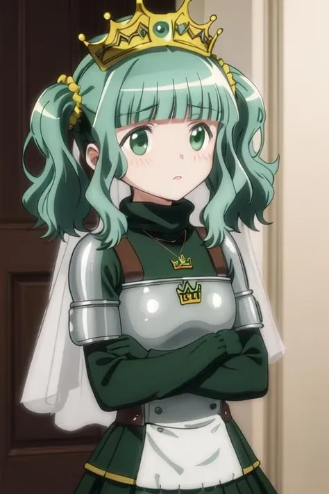 best quality, masterpiece, highres, solo, {futaba_sana_puellamagimadokamagicasidestorymagiarecord:1.15}, bangs, sidelocks, blunt_bangs, twintails, green_hair, wavy_hair, medium_hair, green_eyes, hair_ornament, blush, dot_nose, closed_mouth, aqua_hair, scrunchie, yellow_scrunchie, hair_scrunchie, 1girl, armor, breastplate, crown, jewelry, magical_girl, necklace, turtleneck, upper_body, sweater, turtleneck_sweater, veil, arms_at_sides, green_sweater, long_sleeves, looking_at_viewer, ribbed_sweater