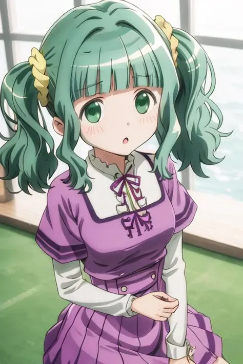 best quality, masterpiece, highres, solo, {futaba_sana_puellamagimadokamagicasidestorymagiarecord:1.15}, bangs, sidelocks, blunt_bangs, twintails, green_hair, wavy_hair, medium_hair, green_eyes, hair_ornament, blush, dot_nose, closed_mouth, aqua_hair, scrunchie, yellow_scrunchie, hair_scrunchie, 1girl, center_frills, frills, neck_ribbon, open_mouth, parted_lips, purple_ribbon, purple_shirt, ribbon, :o, portrait, shirt, close-up