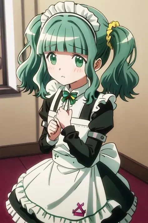 best quality, masterpiece, highres, solo, {maid:1.40}, {long maid dress:1.15}, {futaba_sana_puellamagimadokamagicasidestorymagiarecord:1.15}, bangs, sidelocks, blunt_bangs, twintails, green_hair, wavy_hair, medium_hair, green_eyes, hair_ornament, blush, dot_nose, closed_mouth, aqua_hair, scrunchie, yellow_scrunchie, hair_scrunchie