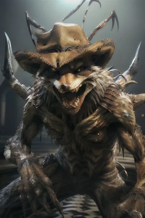 (cowboy shot) ,highly detailed, photorealism, U61yCre4ture, solo
(werefox), grotesque horror