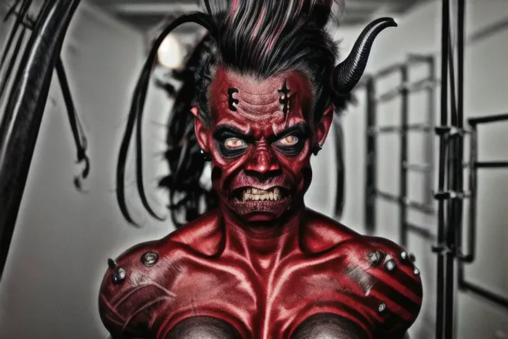 grotesque horror, , (stationary_restraints), (solo), , Karlach, (windblownface), demon girl, colored skin, crop top, black pants. slit pupils, scars, muscular, Red skin, dark skin, earrings, piercings,