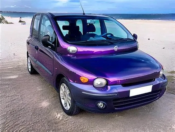 a purple metallic multipla on a beach, night, photorealistic, award winning photo, 8k, front view