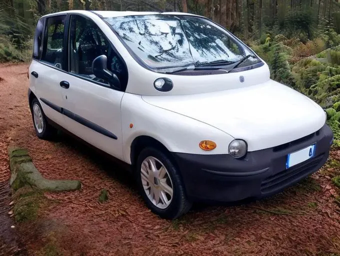 a white multipla in a forest, night, photorealistic, award winning photo, 8k, front view, girls posing with multipla