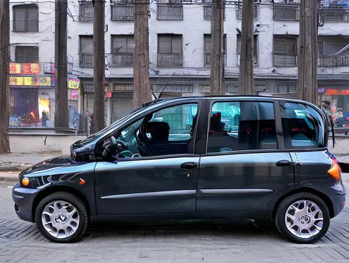 a black metallic multipla, chinese street market, night, photorealistic, award winning photo, 8k, front view