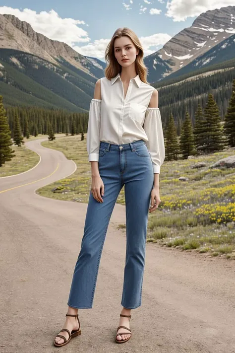 European woman, closeup, sandals, (shirt), pants, (rocky mountain national park), ZM_konstandina, wide shoulders, perfect face, (contact iris: 1.1), pale skin, skin pores , depth of field