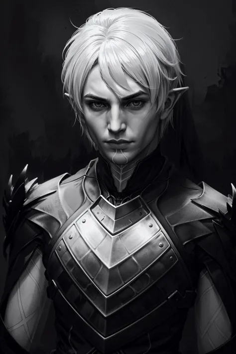 FenrisDA, solo, 1boy, monochrome, male focus, pointy ears, greyscale, armor, elf, facial hair, upper body, white tattoo
<lora:epi_noiseoffset2:1>, <lora:FenrisDA:0.7>
