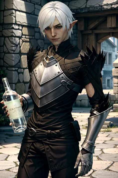 FenrisDA, elf, 1boy, pointy ears, male focus, armor, solo, bottle, white hair, elvaan, gauntlets, dark skin, dark elf, realistic, white tattoo
<lora:epi_noiseoffset2:1>, <lora:FenrisDA:0.7>