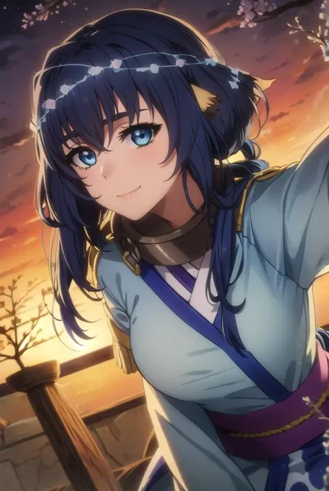 utawarerumonokarura, <lora:utawarerumono karura s2-lora-nochekaiser:1>,
karura, blue hair, animal ears, blue eyes, long hair, braided ponytail, smile,
BREAK tail, japanese clothes, kimono, collar, metal collar,
BREAK outdoors,
BREAK looking at viewer, (cowboy shot:1.5),
BREAK <lyco:GoodHands-beta2:1>, (masterpiece:1.2), best quality, high resolution, unity 8k wallpaper, (illustration:0.8), (beautiful detailed eyes:1.6), extremely detailed face, perfect lighting, extremely detailed CG, (perfect hands, perfect anatomy),