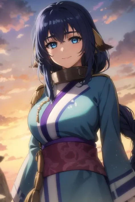 utawarerumonokarura, <lora:utawarerumono karura s2-lora-nochekaiser:1>,
karura, blue hair, animal ears, blue eyes, long hair, braided ponytail, smile,
BREAK tail, japanese clothes, kimono, collar, metal collar,
BREAK outdoors,
BREAK looking at viewer, (cowboy shot:1.5),
BREAK <lyco:GoodHands-beta2:1>, (masterpiece:1.2), best quality, high resolution, unity 8k wallpaper, (illustration:0.8), (beautiful detailed eyes:1.6), extremely detailed face, perfect lighting, extremely detailed CG, (perfect hands, perfect anatomy),