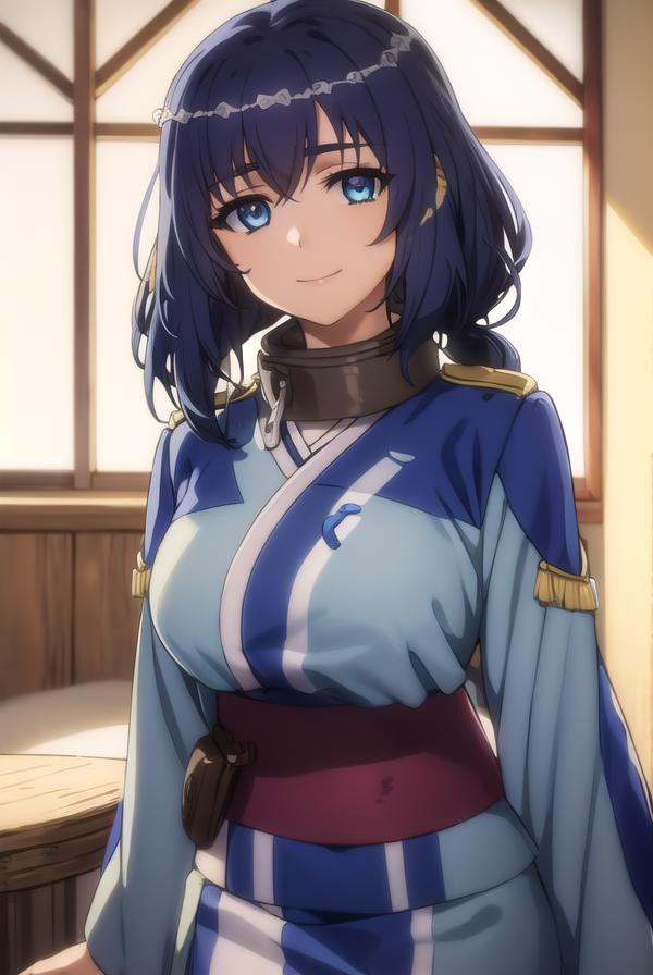 A woman in a blue and white outfit standing in front of a window ...