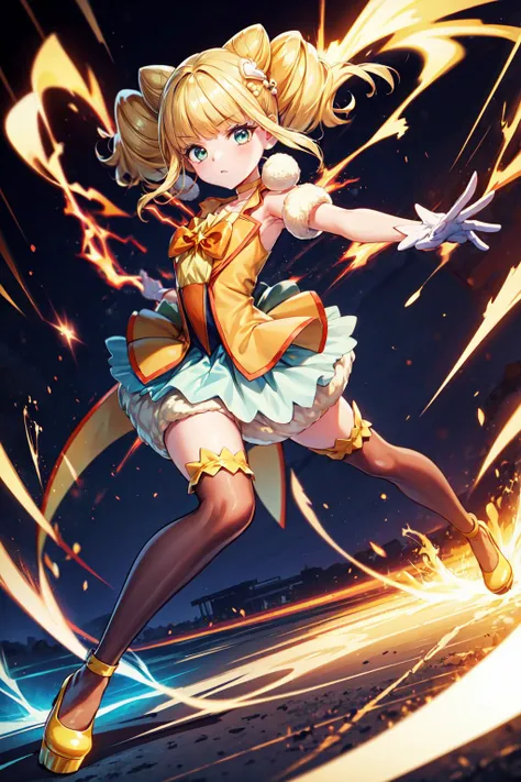 masterpiece,best quality,1girl,cure sparkle,twintails,double bun,hair ornament,vest,ribbon,(bubble skirt),high-waist skirt,thighhighs,white gloves,choker,high heels,petticoat,(serious),Surrounded by lightning,yellow lightning,Particle glow,fighting stance,action pose,attack,motion lines,motion blur,blast wave,<lora:locon_cure_sparkle_01:0.9>,<lora:Concept-control tool-add_detail-CyberAIchemist:0.8>,<lora:LightingVFX:0.3>,