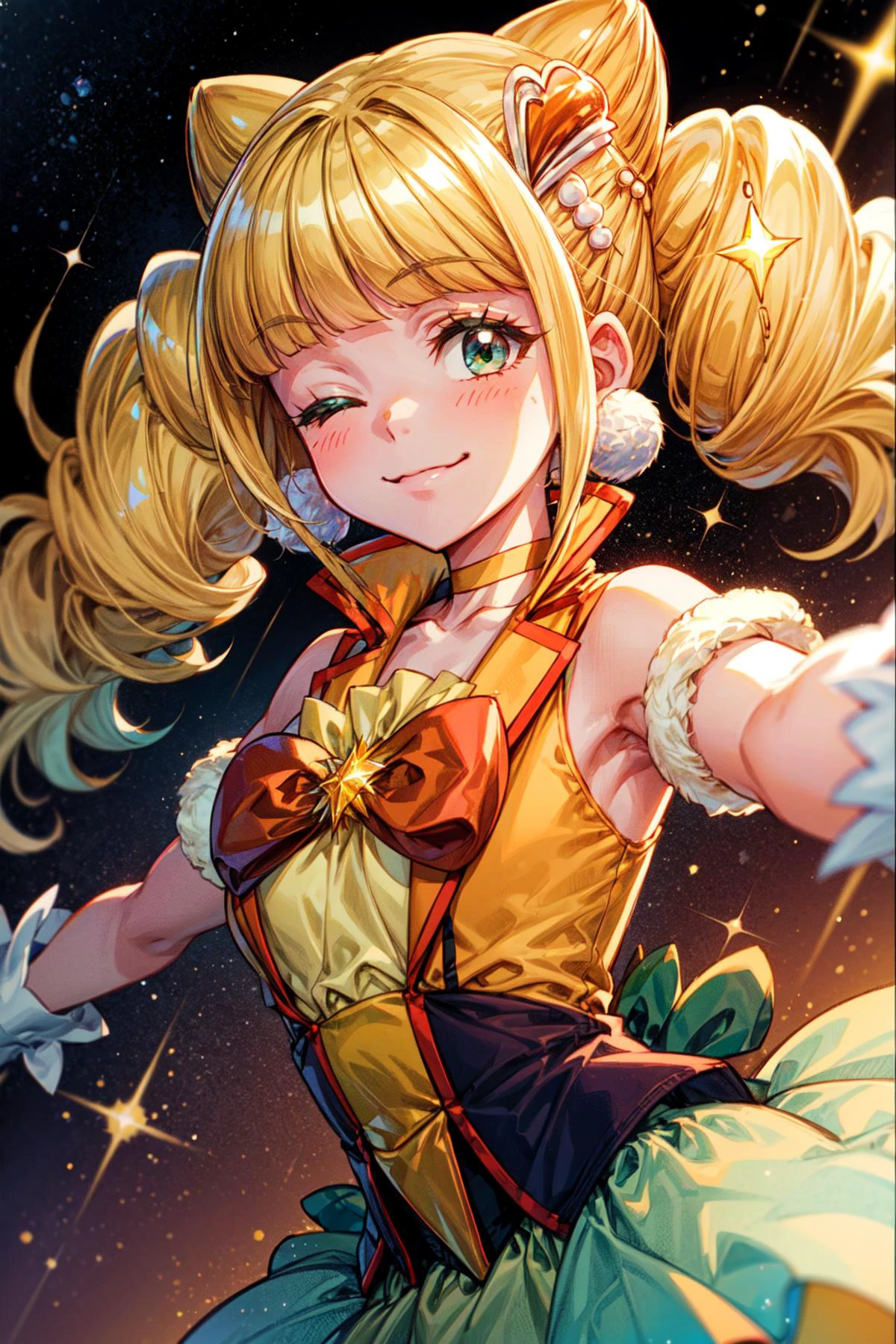 masterpiece,best quality,1girl,cure sparkle,twintails,double bun,hair ornament,vest,ribbon,(bubble skirt),high-waist skirt,white gloves,choker,petticoat,smile,:3,closed mouth,(one eye closed:0.9),spread arms,(sparkle),upper body,dutch angle,<lora:locon_cure_sparkle_01:0.9>,<lora:Concept-control tool-add_detail-CyberAIchemist:0.8>,
