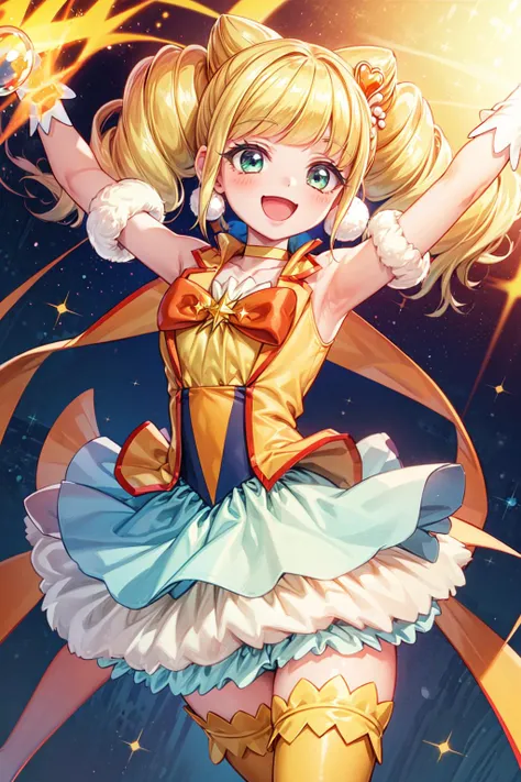 masterpiece,best quality,1girl,cure sparkle,twintails,double bun,hair ornament,vest,ribbon,(bubble skirt:1.2),high-waist skirt,white gloves,thighhighs,choker,petticoat,smile,open mouth,arms up,spread arms,(sparkle),cowboy shot,dutch angle,<lora:locon_cure_sparkle_01:0.9>,<lora:Concept-control tool-add_detail-CyberAIchemist:0.8>,