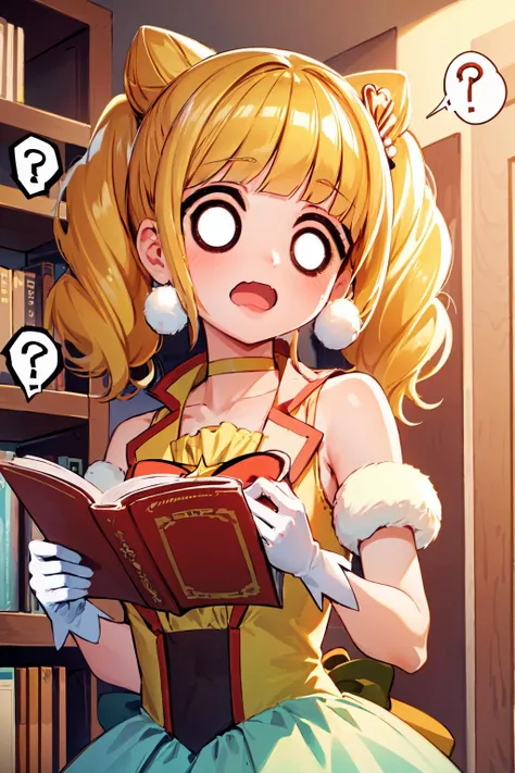 masterpiece,best quality,1girl,cure sparkle,twintails,double bun,hair ornament,vest,ribbon,bubble skirt,high-waist skirt,white gloves,choker,petticoat,(confused),empty eyes,wavy mouth,open mouth,(spoken question mark:1.3),(reading),upper body,indoors,bookshelf,<lora:locon_cure_sparkle_01:0.9>,<lora:Concept-expression-Comic expression White eyes Type 9-v1-JujoHotaru:1.5>,