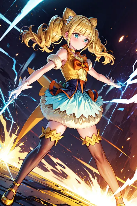 masterpiece,best quality,1girl,cure sparkle,twintails,double bun,hair ornament,vest,ribbon,(bubble skirt),high-waist skirt,thighhighs,white gloves,choker,petticoat,(serious),Surrounded by lightning,(yellow lightning),Particle glow,fighting stance,action pose,attack,motion lines,motion blur,blast wave,dutch angle,<lora:locon_cure_sparkle_01:0.9>,<lora:Concept-control tool-add_detail-CyberAIchemist:0.8>,<lora:LightingVFX:0.3>,