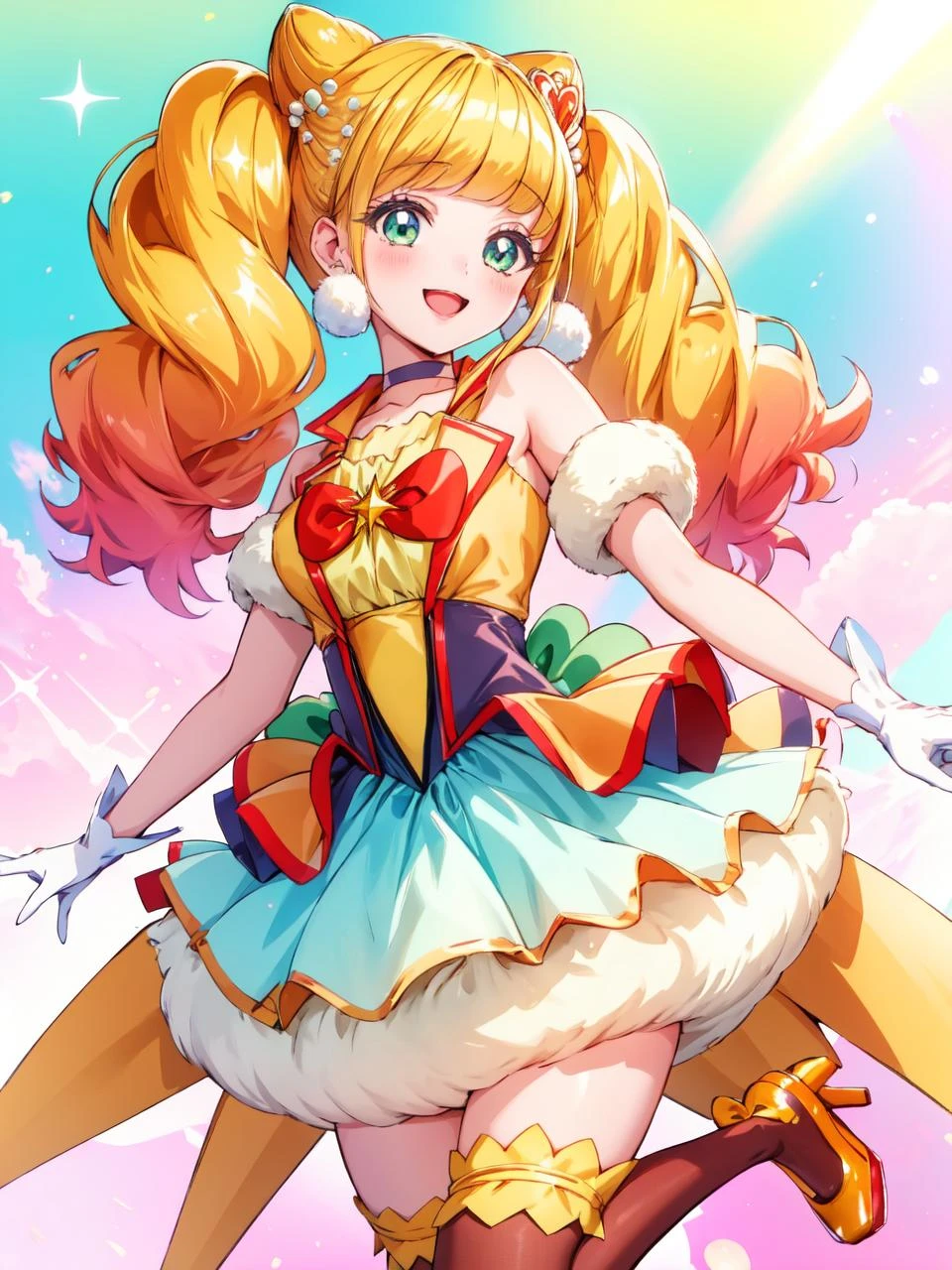 masterpiece, best quality, looking at viewer, depth of field, standing,
1girl, <lora:locon_cure_sparkle_01:0.9>, cure sparkle, twintails, double bun, hair ornament, vest, ribbon, bubble skirt, high-waist skirt, white gloves, thighhighs, choker, petticoat, high heels,
smile, (gradient background), lens flare,