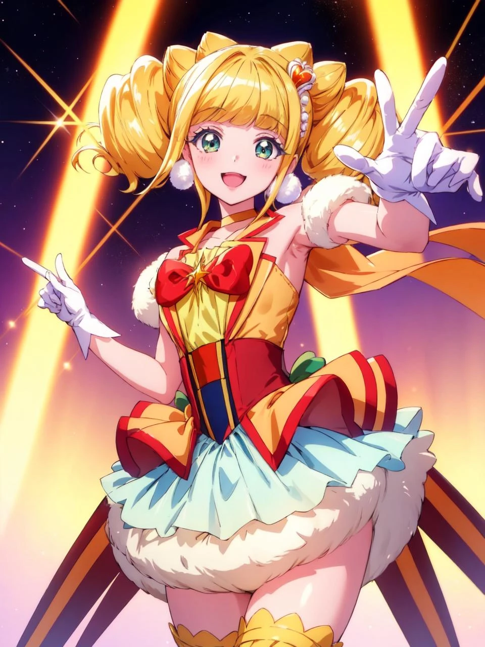 masterpiece, best quality, looking at viewer, depth of field, standing, cowboy shot,
1girl, <lora:locon_cure_sparkle_01:0.9>, cure sparkle, twintails, double bun, hair ornament, vest, ribbon, bubble skirt, high-waist skirt, white gloves, thighhighs, choker, petticoat, high heels,
smile, (gradient background), lens flare,